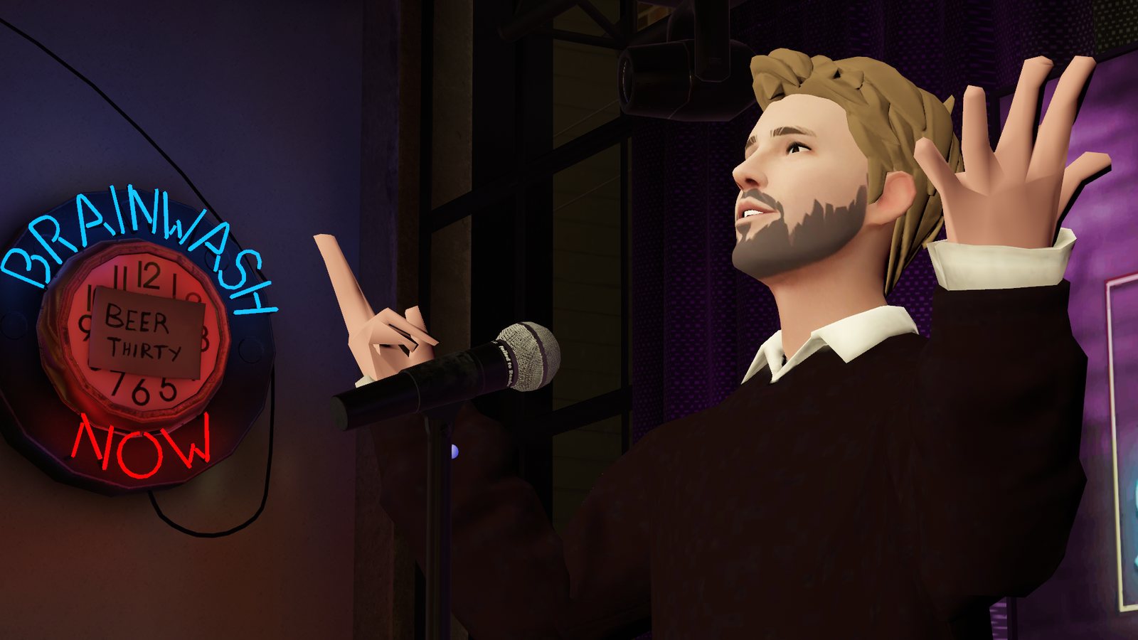 A comic at the microphone under the Brainwash Cafe neon sign in VRChat