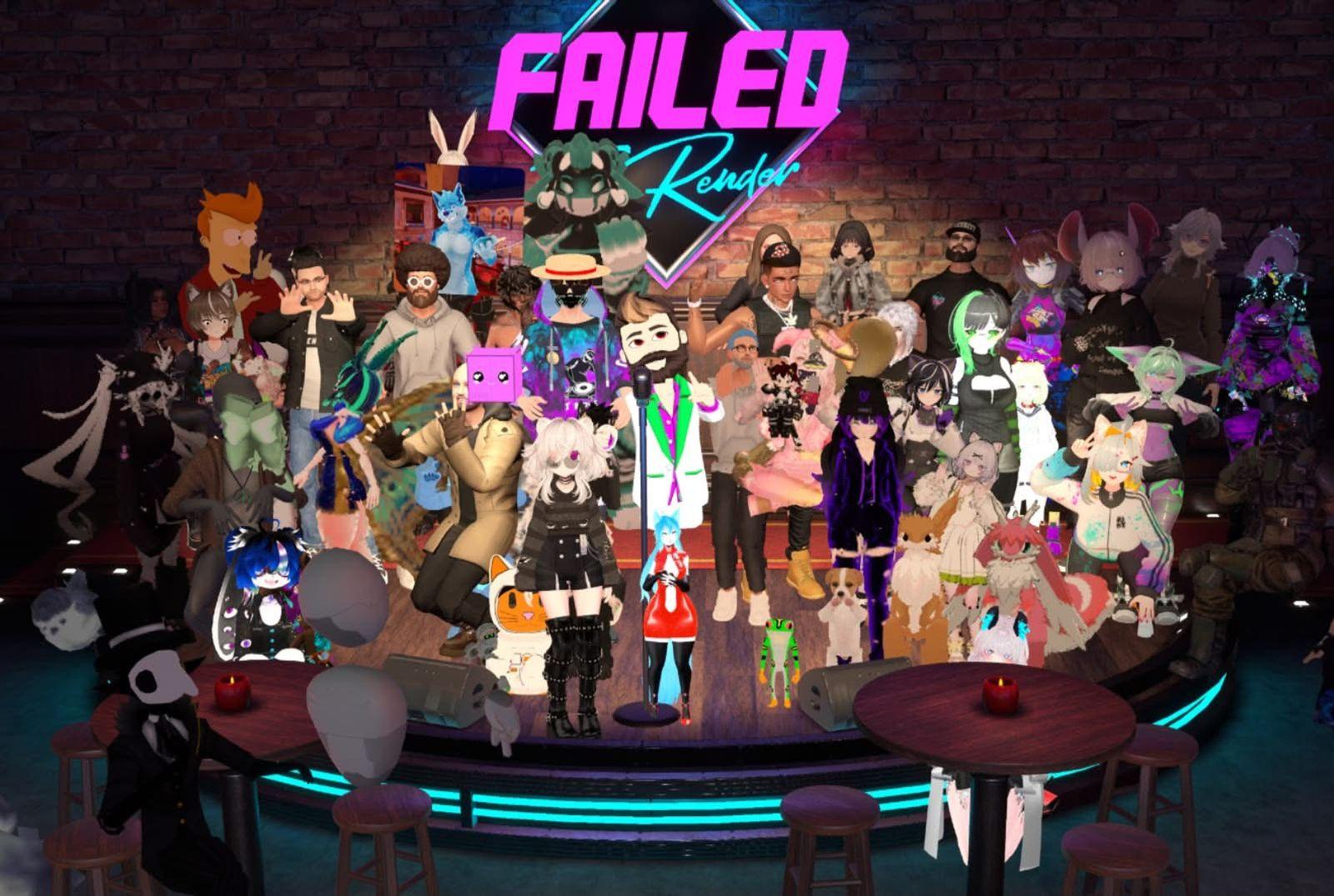 The whole crowd on stage under the neon Failed To Render sign after a Thursday show